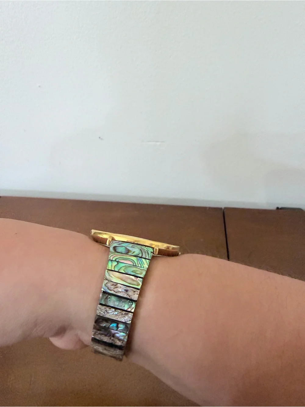 Vintage 80s Kandu Quartz Watch Abalone Stone Gold Tone Crystal Mother of Pearl